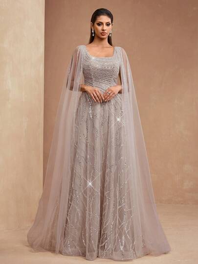 AMILUCK New Arrival High-End Luxury Women's Elegant Sequin & Sequins Lace Square Collar A-Line Floor-Length Dress, Mesh Ruffle Sleeve, Formal Evening Party Wedding Gown Spring