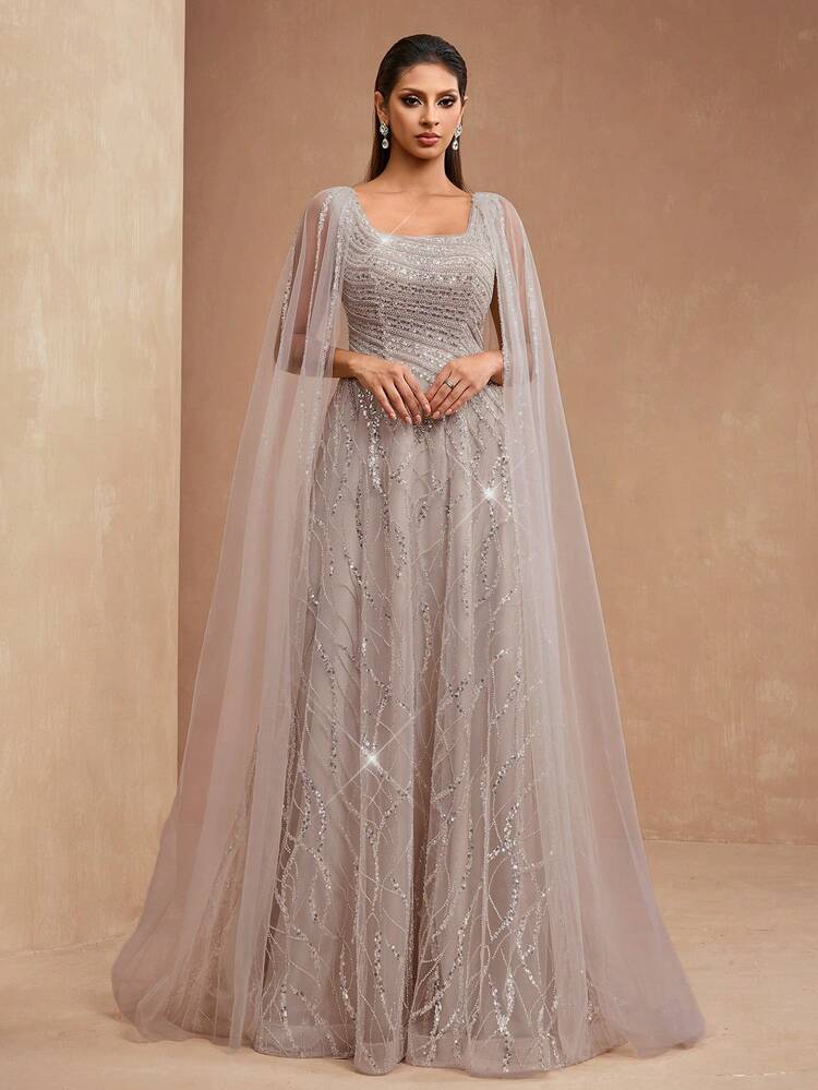 AMILUCK New Arrival High-End Luxury Women's Elegant Sequin & Sequins Lace Square Collar A-Line Floor-Length Dress, Mesh Ruffle Sleeve, Formal Evening Party Wedding Gown Spring - Apricot - View 1