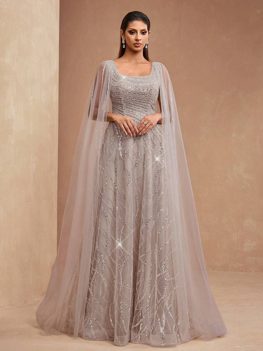 AMILUCK 新款高端奢华女士优雅亮片蕾丝方领A字及地长裙，网纱荷叶袖，正式晚宴婚礼礼服，春季款