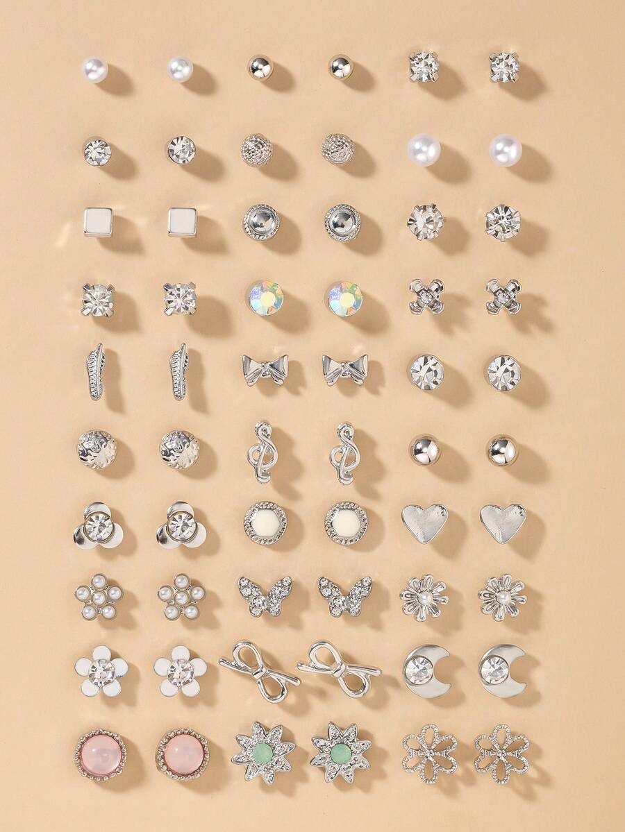 30对优雅简约金属仿珍珠花朵、心形、蝴蝶结耳钉套装,女士礼物 - 銀色 - 查看 1