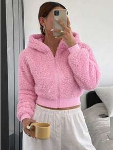 Chamarra corta para mujer de moda peluche teddy con capucha unicolor para uso casual en temporada invierno - Rosa - Ver 4