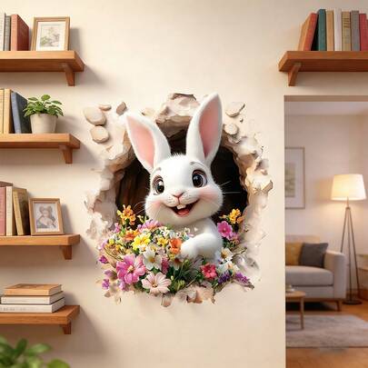1/4pcs Easter Bunny Wall Sticker,Funny Wall-Breaking Effect Cute Rabbit With Egg Basket Flowers Self Adhesive Decal For Living Room Door Fridge Spring Holiday Decoration