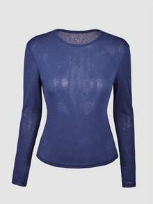 Y2K 弹力透视长袖圆领修身T恤 - 藏蓝色 - 查看 5