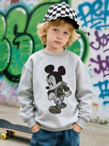 Disney Mickey Mouse Print Hooded Sweatshirt - A Round-Neck, Casual Summer Top Suitable For Both Boys And Girls, Perfect For Holiday Parties, Gatherings, Outdoor Activities, And Everyday Casual Wear. - Grey - View 1