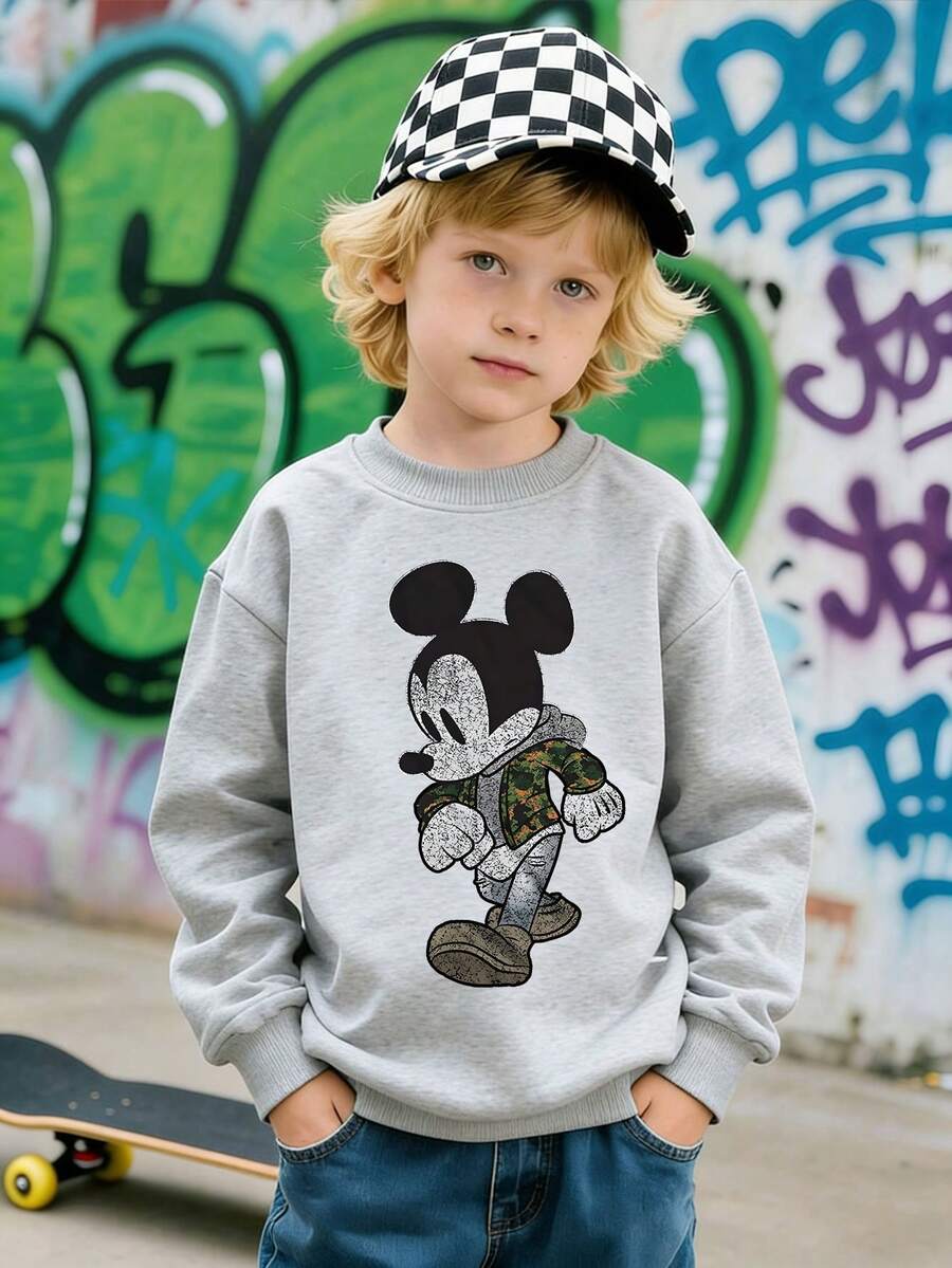 Disney Mickey Mouse Print Hooded Sweatshirt - A Round-Neck, Casual Summer Top Suitable For Both Boys And Girls, Perfect For Holiday Parties, Gatherings, Outdoor Activities, And Everyday Casual Wear. - Grey - View 1