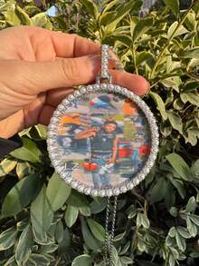 Custom Pearl & Diamond Style Large Round Photo Frame Pendant, Brass Cubic Zirconia Shiny Necklace Pendant, DIY Photo, Hip Hop Everyday Wear Jewelry, Comes With 50cm Braided Chain - Pearl Style - View 10