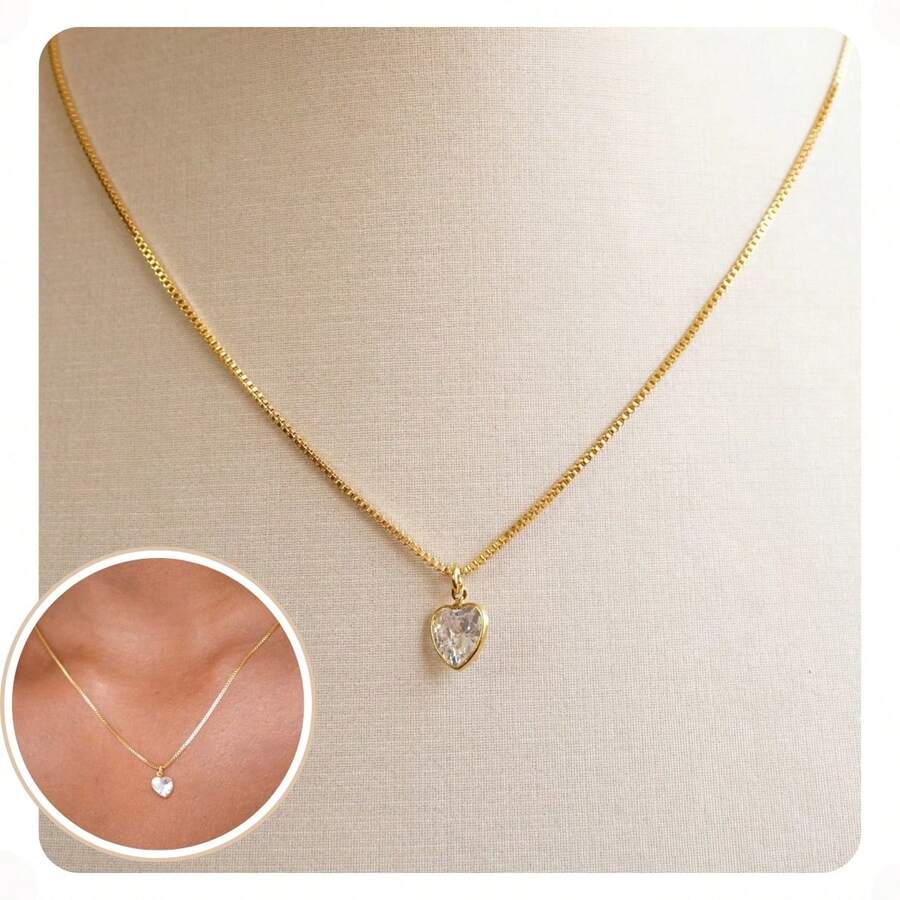 Colar Coração Cristal banhado a ouro 18k - Dourado - Visão 1