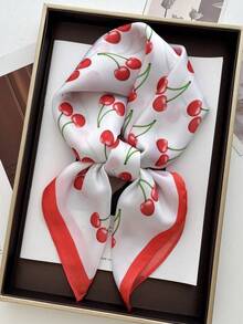1pc Fruit Print Beach Square Scarf Women Satin Bandana Print Scarves Head Band Fashion Lady Hair Shawl And Wrap Female Neckerchief Hijab - Red and White Cherries - View 1