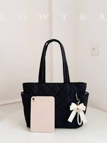 新款大容量菱格纹双提手女士单肩包，轻便易携，适合夏季户外旅行，配有挂饰，必备旅行背包 - 黑色 - 查看 5