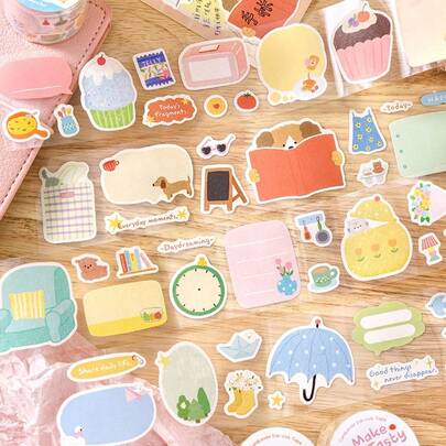 1 Cuộn băng dính có thể viết, cắt sẵn, Bộ sưu tập Warm & Cozy Life Stickers, Thích hợp để trang trí nhật ký, album, sổ tay, hình minh họa vẽ tay dễ thương, Vật dụng cần thiết cho mùa tựu trường.