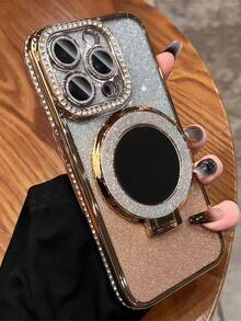 Phone Case: Luxury Rhinestone Transparent Glitter Magnetic Protective Case, Compatible With Apple 16/15/14/13/12/11 Pro Max/15/16 Plus/SE4, Mirror Magnetic Bracket Soft Shell - Pink - View 2