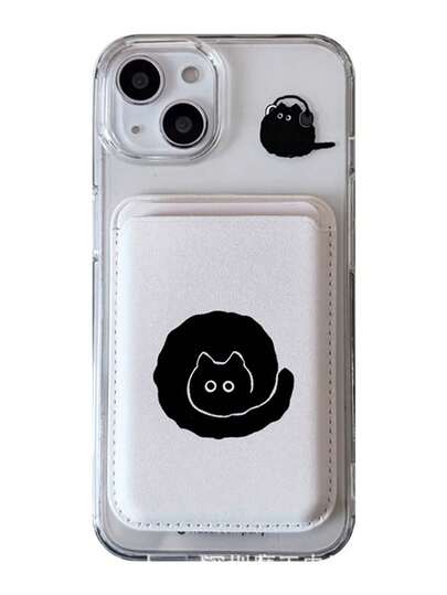 1pc Transparent Magnetic Adsorption Phone Case Protective Cover With Curly Black Cat + Magnetic PU Leather Card Holder TPU Shockproof Phone Case Suitable For IPhone11/12/13/14/15/16/17/PROMAX