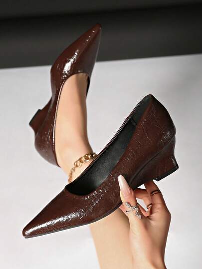 2.5cm Wedge Mid Heel French Style Pointed Toe Buckle Hollow-Out Elegant Work Pumps For Women