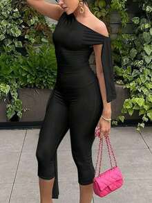 Women's Solid Color Asymmetric Shoulder Sleeveless Tie Top And Bottom Casual 2-Piece Set Black Summer - 咖啡 - 查看 6
