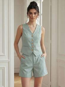 A&DD MODA, REF:LE513 - Women's Set - This Women's Vest And Shorts Set Includes An Exclusive Embroidered Vest With A Front Opening, Combined With High-Waisted, Straight-Cut Shorts That Perfectly Flatter The Legs. Ideal For Everyday Wear And The Workplace. - 淺藍色 - 查看 1