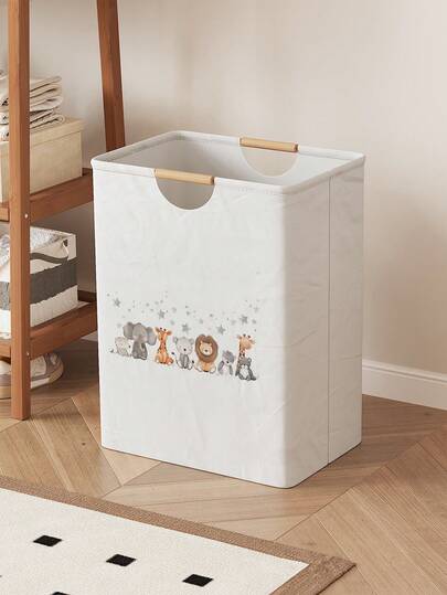 1pc Animal Print Foldable Storage Box, Collapsible Storage Laundry Basket With Wooden Handle, Home Bathroom Dirty Clothes Organizer