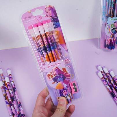 12 pièces Crayons gomme de groupe de filles K-Pop 2025 Witch Hunting, avec taille-crayon, crayons d'apprentissage style K-POP dessin animé, fournitures de papeterie K-Pop