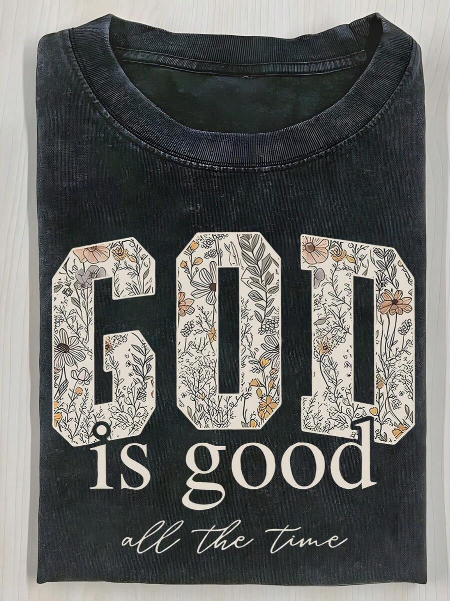 2026 Washed Cotton, GOD Floral Printed T-Shirt, High-Quality Batik Cotton Retro Fashion Brand T-Shirt, Women's T-Shirt, Women's Autumn T-Shirt, Halloween Christmas Gift, Holiday Gift, White Tops, Valentine's Day Outfit, Mardi Gras, Summer Tops,   For Women, Valentine's Day Outfits For Women, Women's Tops, Fairycore, , Elegant Women's Outfits - 黑色 - 查看 1