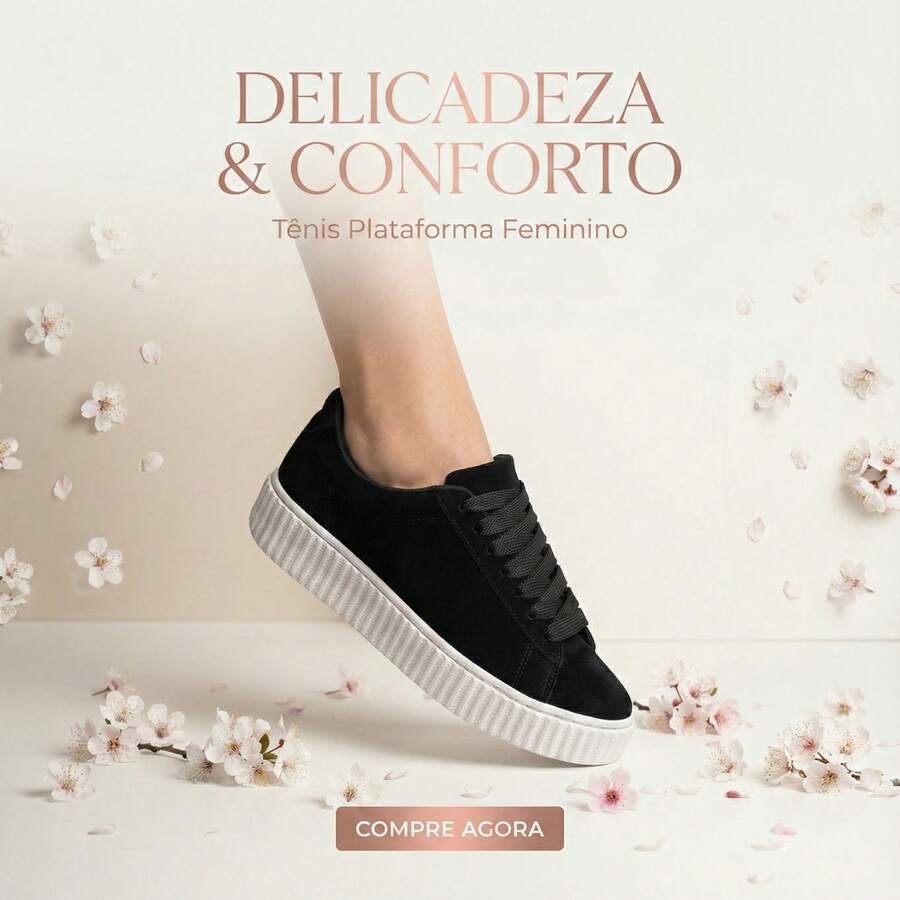 Tenis Feminino Casual Confortavel Camurca Resistente Sola Antiderrapante Ideal para Ocasiões - Preto - Visão 1