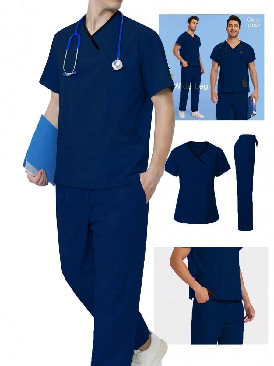 Men's Short Sleeve Nurse/Doctor Uniform Set, Veterinary Doctor And Caregiver Outfit - Navy Blue - View 1