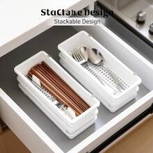 Portautensili da parete minimalista bianco con coperchio - Organizer da cucina in plastica salvaspazio, base bianca e superiore, sistema di drenaggio per bacchette, cucchiai, forchette - Conservazione igienica su piano di lavoro/frigorifero, design moderno ispirato all'Asia - Bianco - Visualizzare 3