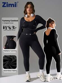 Zimi Collection 1pc Plus Size Women Seamless Long Sleeve Jumpsuit 1XL-4XL, Black Tummy Control Lift Butt Compression Shapewear For Fitness Yoga Running Workout - Black - View 2