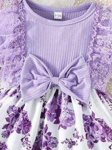 2pcs/Set Toddler Girls' Butterfly & Flower Lace Trim Sleeveless Dress + Headband, Fashion Holiday Party Outfit, Spring/Summer - Purple - View 5
