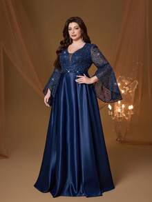 Anpoketnew V领优雅大码晚礼服，花卉图案，双缝线，刺绣，腰带，荷叶边袖，缎面面料，长裙，适合婚礼穿着 - 藍色 - 查看 4