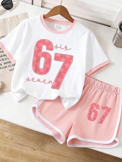 2pcs/Set Girls' Colorblock Short Sleeve T-Shirt + Shorts, 67 Star Print, Loose & Breathable, Fashionable & Cute, Versatile Summer Outfit