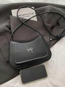 Sac à bandoulière avec nœud papillon et croissant, sac bandoulière chic, pochette minimaliste de couleur unie, design unique pour les déplacements - Noir - Voir 8