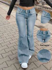 Fashionable & Elegant Minimalist Women's Double-Breasted Slim Fit Flare Leg Jeans, Slimming - 中等水洗 - 查看 4