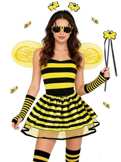 7pcs Bee Costume Accessories Set Including Headband, Ballet Short Skirt, Fashion Glasses, Wings Etc. For Cosplay Halloween Carnival Costume