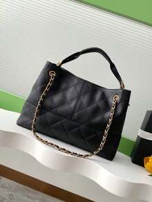 Jet Black Quilted Leather Tote Bag With Gold Chain Strap, Large Capacity Designer-Inspired Work Bag For Women, Versatile Shoulder & Crossbody Bag, Spacious Laptop Handbag - 黑色 - 查看 2