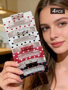 4件套心形爪夹发夹，2.55英寸情人节法式花卉印花发夹，小巧的Y2K心形印花发饰，适合女孩和女士，春夏必备单品，非常适合生日、婚礼、海滩、母亲节、派对、新娘、情人节、返校季等场合，花朵发夹，度假发爪，沙滩发饰 - 紅色 - 查看 13