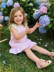 Toddler Baby Girl Flower Dresses Kid Infant Summer Clothes Embroidery Floral Sleeveless Tank Dress Seersucker Stripe Ruffle Sundress - Pink - View 1