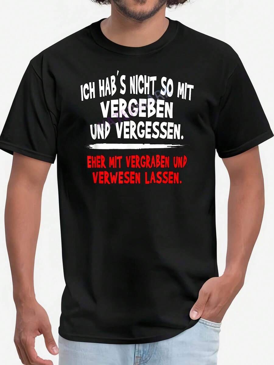 Men's T-Shirt With German Phrase "Ich Habe Nicht So Mit Vergessen" - Funny German Saying, Black Shirt With Bold Printed White & Red Text, Loose Fit, Casual T-Shirt For German Learners & Speakers, Machine Washable, Comfortable Casual Wear - 黑色 - 查看 1