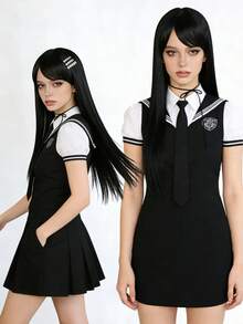 奢华亮泽直发侧刘海长假发，【不含发夹】黑色橙色高温丝女士假发，柔软逼真，易于梳理，日常及角色扮演皆宜，时尚优雅的Y2K风格 - 彩色 - 查看 3