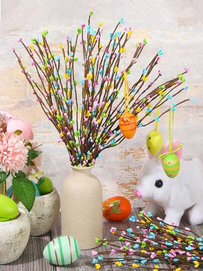 20/10pcs Artificial Easter Eggs On Branches With Berries, Plastic Spring Twigs For DIY Wreath And Centerpiece Decor