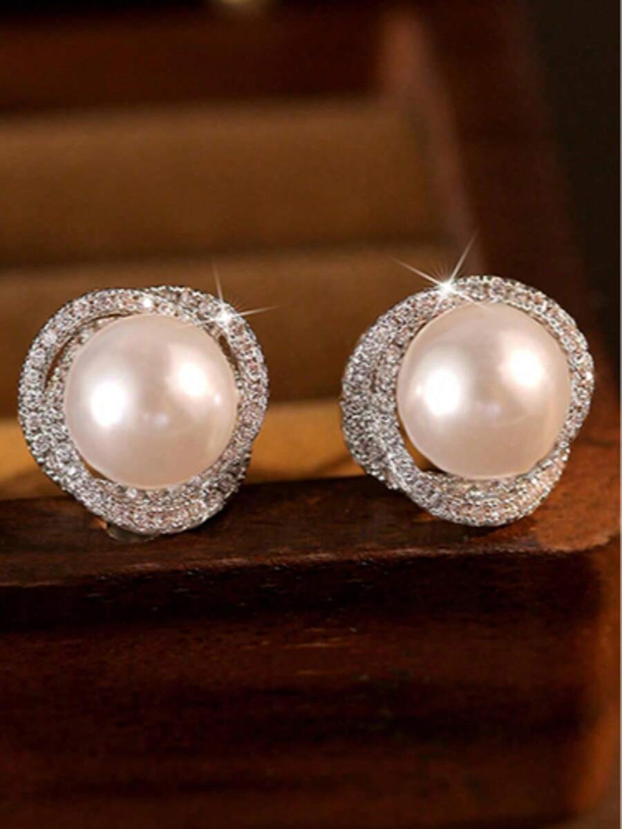 1 par de Brincos Elegantes de Estilo Coreano com Flor e Pérola Falsa, Design com Zircônia Cúbica, Joia de Amizade para Uso Diário e Festivais, Presente para Meninas/Adolescentes - Prata - Visão 1