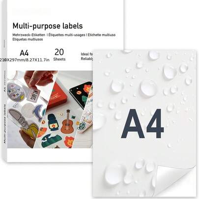 20 arkuszy wysokiej jakości naklejek winylowych do druku, kompatybilnych z drukarkami atramentowymi – matowa biel, wodoodporna, szybkoschnąca, żywe kolory, mocne trzymanie tuszu, odporna na rozdarcie, odpowiednia do drukarek atramentowych i laserowych