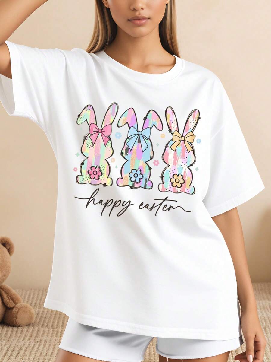 Conejos de colores con lazos y flores happy easter blanco camiseta holgada diseño estampado primaveral para mujeres ocasión casual 220g - Blanco - Ver 1