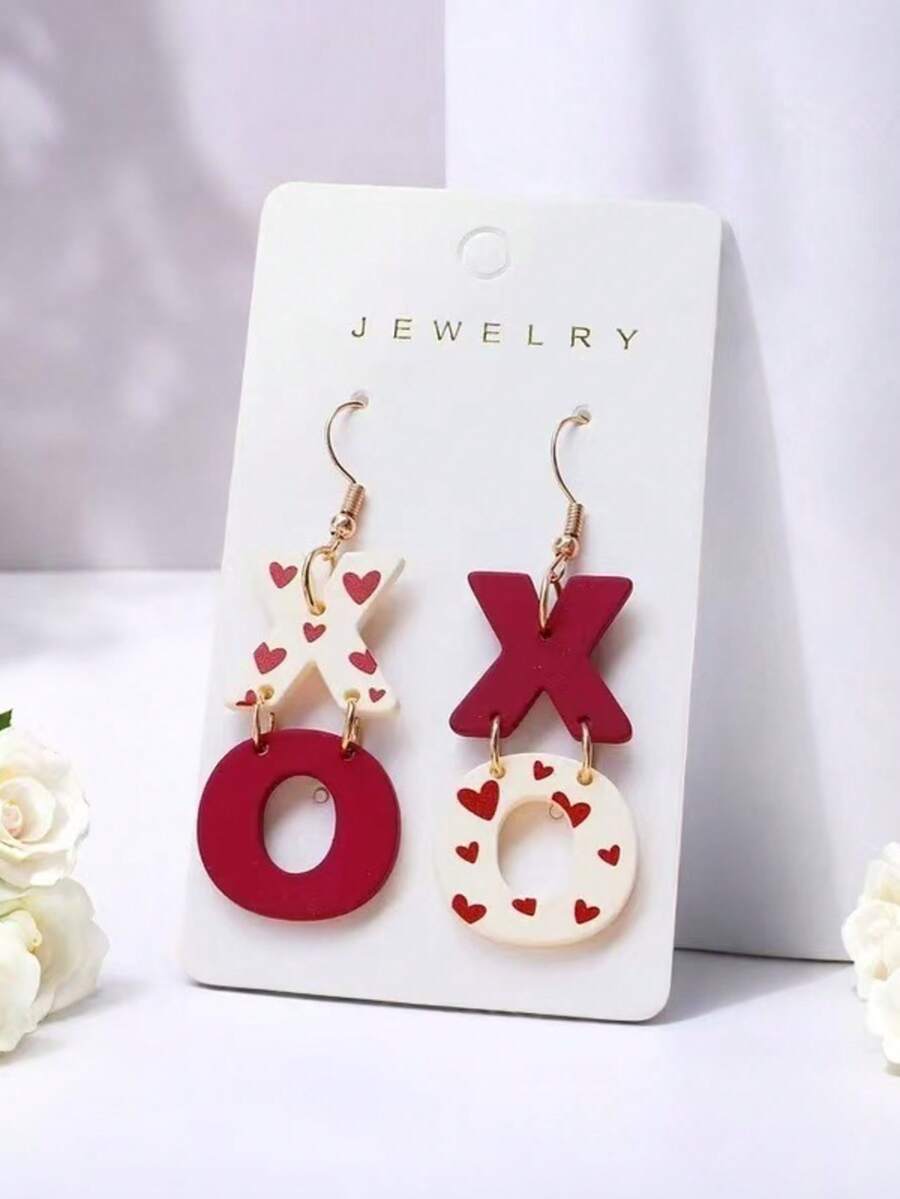1 Pair Acrylic Painted XO Heart Print Earrings, Elegant & Sexy Earrings, Soft Ceramic Texture, Valentine's Day Gift - Letter - View 1
