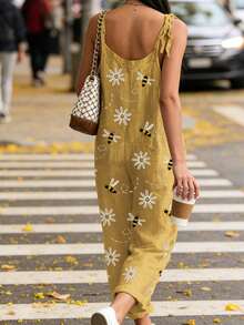 Womenacute;S Spaghetti Strap Jumpsuit Stylish Retro Print Suspender Pants Sleeveless Summer Overalls - Màu vàng - Xem 2