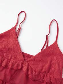 Women's Summer Lace Camisoles Spaghetti Strap Stylish Layered Slit Front V Neck Tank Tops - 紅色 - 查看 7