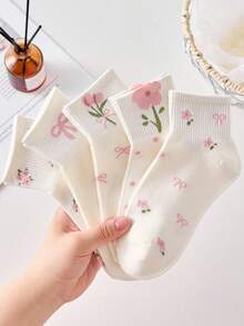 5 Pairs White Bow & Floral Pattern Girls' Ankle Socks, Suitable For Casual Daily Wear, All Seasons (Spring, Summer, Autumn, Winter) - Multicolor - View 10