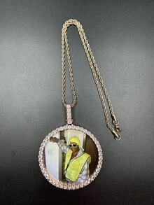 Custom Pearl & Diamond Style Large Round Photo Frame Pendant, Brass Cubic Zirconia Shiny Necklace Pendant, DIY Photo, Hip Hop Everyday Wear Jewelry, Comes With 50cm Braided Chain - Pearl Style - View 19