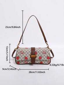 Classic Vintage Paris Bag With Distressed Pattern And Strawberry Print, Retro And Romantic. Comes With Long And Short Shoulder Straps, Can Be Worn Over The Shoulder Or Carried On The Arm. Suitable For Commuting, Dates, Shopping, Valentine's Day Gifts, And Other Occasions. - Multicolor - View 8