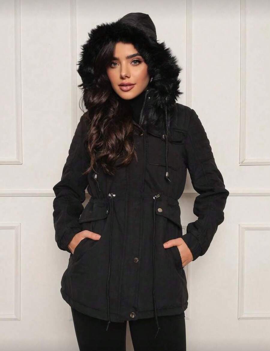 Women's Lined Twill Parka - 黑色 - 查看 1