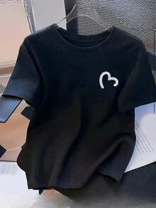 Camiseta Feminina Blusa Coração 100 % Algodão Malha Premium Manga Curta Camisa Gola Redonda - Preto - Visão 1