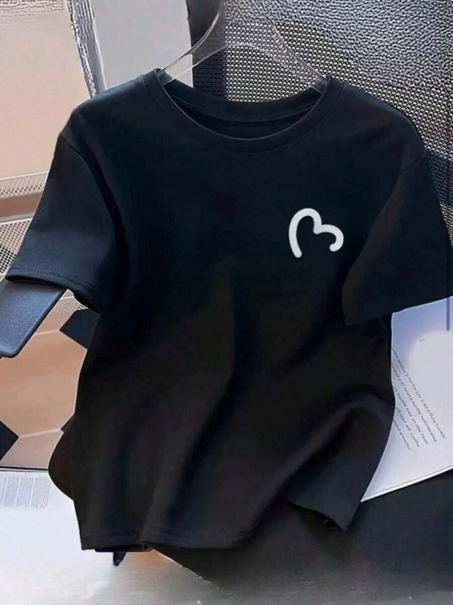 Camiseta Feminina Blusa Coração 100 % Algodão Malha Premium Manga Curta Camisa Gola Redonda - Preto - Visão 1